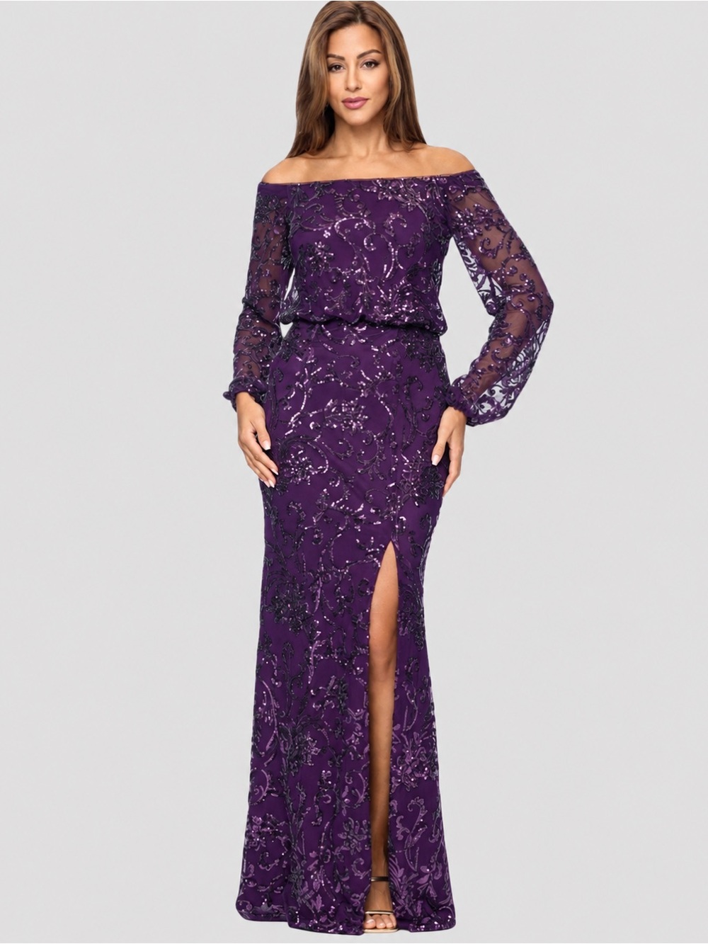 Xscape Purple Sequined Off-The-Shoulder Long-Sleeve Dress Maxi Dress Sz 4 $279: